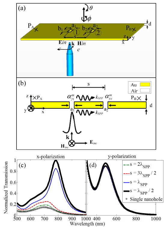 (a) The configuration geometry for the single antenna excitation mode of two neighboring nanoholes separated by s = nλSPP/2, with n = 1, 2, 3, 4. (b) Schematic representation of the single antenna excited nanoholes.