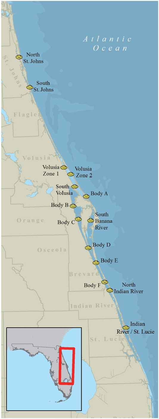 Florida’s east coast shellfish harvesting areas.