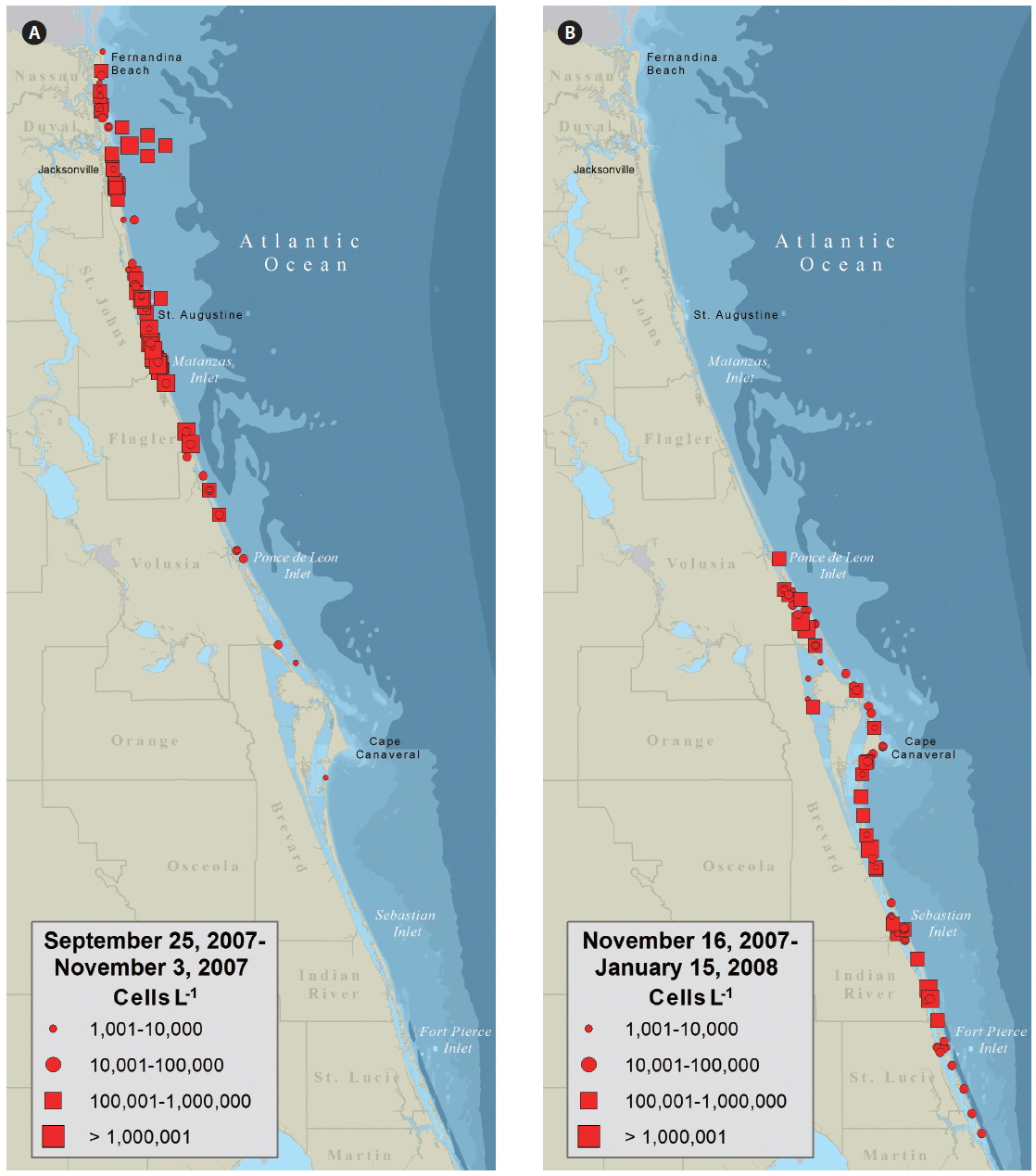 Progression of the Karenia brevis red tide along the east coast of Florida from September 25, 2007 through January 15, 2008. (A) Cell concentrations of K. brevis for September 25 through November 3, 2007. (B) Cell concentrations of K. brevis for November 16, 2007 through January 15, 2008. Data points represent analysis of 800 individual water samples.