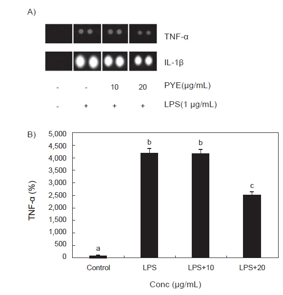 Inhibitory effects of Pyropia yezoensis extract on TNF-α, IL-1β production in LPS stimulated RAW 264.7 cells.