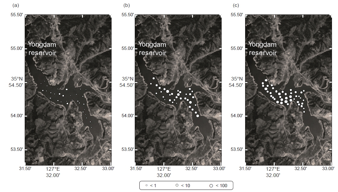 Spatial-temporal distribution of fish aggregations using nautical area scattering coefficient (NASC, m2/mile2) data with 0.1 n·mile interval in Yongdam reservoir, Korea, from April to July, 2014.