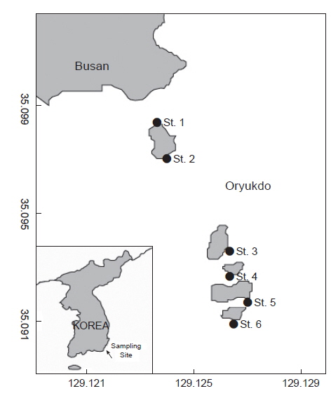 The map showing sampling sites of marine algal benthic algae in Oryukdo area, Korea.