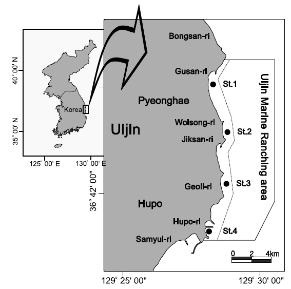 Map showing the sampling stations of fisheries resources with dredge from 2009 to 2010 in the Uljin marine ranching area, Korea.
