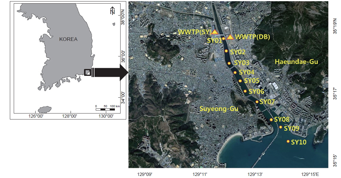 Sampling locations of sediments from Suyeong Estuary of Busan, Korea.