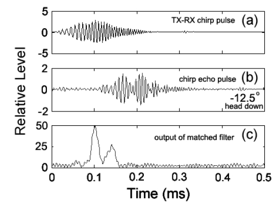 An example of compressed pulse processing. (a) Calibrated chirp signal received at the terminal of the receiving transducer of the transmitted chirp signal (Fig. 2). (b) Backscattered echo signal measured from a goldeye rockfish Sebastes thompsoni at ？12.5° off-normal pitch angle (head down) in the dorsal plane. (c) Envelope of compressed pulse output.