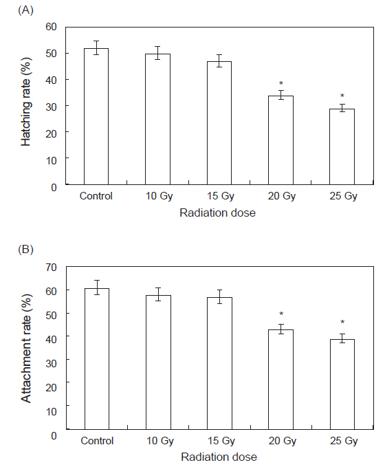 Hatching rate (A) and attachment rate (B) for each gamma ray dose. *P<0.05 for control.