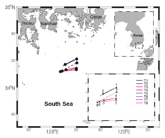 Study area for acoustic and trawl survey of demersal fish in the coastal area, especially within the southern waters of Korea. The lines are transects, and black circles represent CTD stations.