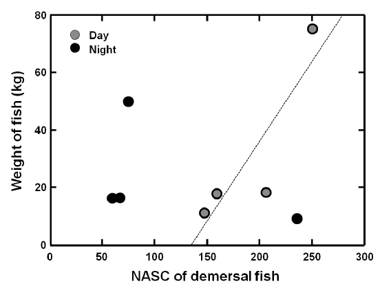 Relationship between NASC of demersal fish and bottom trawl sampled weighted of fish during day (gray circle) and night time (black circle) [Weight of fish = 0.56×NASC of demersal fish in day time ？ 75.89, r2 = 0.78].