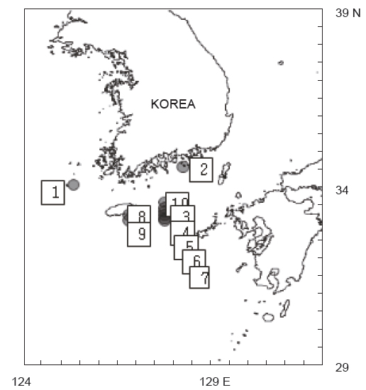 Sampling location of ocean sunfish used in this study. Numbers are sample number in Table 1.