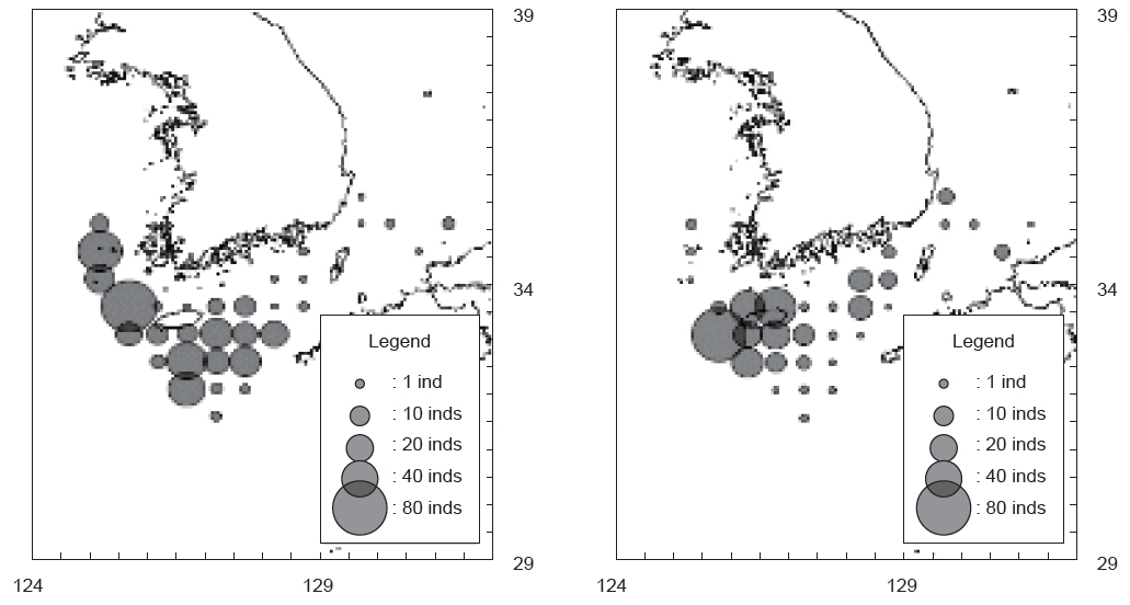 Catch Density of ocean sunfish Mola mola caught by purse seine in waters off Korea. Data were combined from 2010 to 2014 and compared with two seasons, November-April (left) and May-October (right).