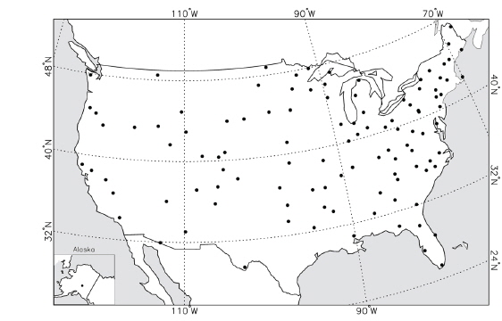 Location of 109 stations of NTN in the United States where the monthly pH data are taken for the present analysis.