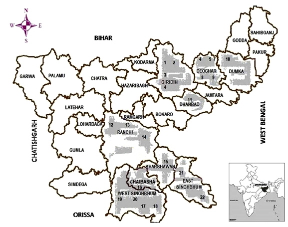 Map of Jharkhand showing the distribution of tropical tasar, A. mylitta in nine geographical forest areas.