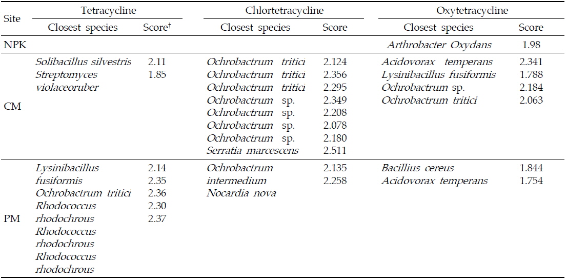 Species composition of tetracyclines resistance bacteria (recovered from 80 mg/L plates) in soil samples