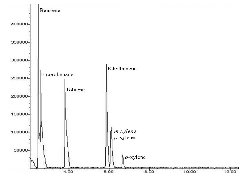 Chromatogram of benzene, toluene, ethylbenzene and xylene.