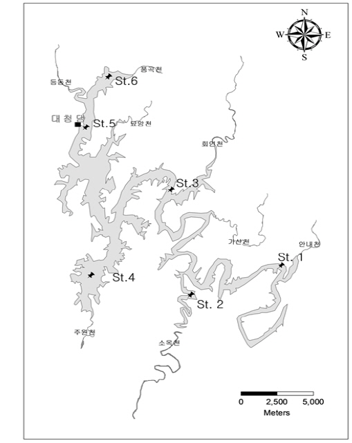 Map showing sampling stations in the Daecheong Reservoir.