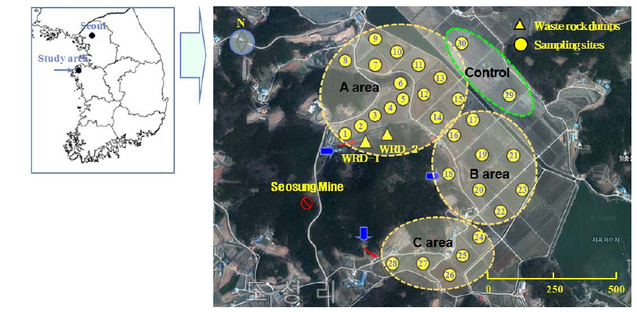 Study area and sampling locations of the closed metalliferous mine.