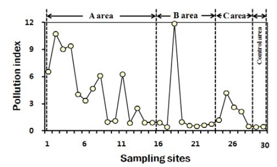 Variations of pollution index for heavy metals at sampling site in paddy soils near the closed metalliferous mine.