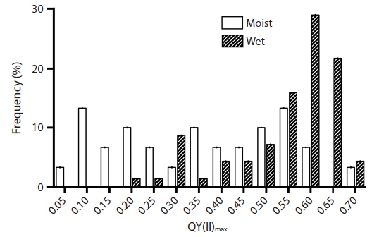 Percent frequency distribution of maximum quantum yield [QY(II)max] of Vertebrata lanosa measured in situ at low tide in partially desiccated (n = 30) thalli and following re-immersion in seawater (n = 69).