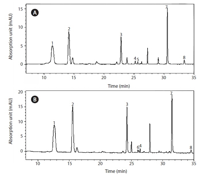 Pigment composition of the isolate from Korea and Pelagodinium bei derived by high performance liquid chromatography. (A) Chromatogram of the isolate from Korea. (B) Chromatogram of the type culture of P. bei (RCC #1491). 1, Chlorophyll c2; 2, Peridinin; 3, Diadinoxanthin; 4, Diatoxanthin; 5, Zeaxanthin; 6, Alloxanthin; 7, Chlorophyll a; 8, β-carotene.