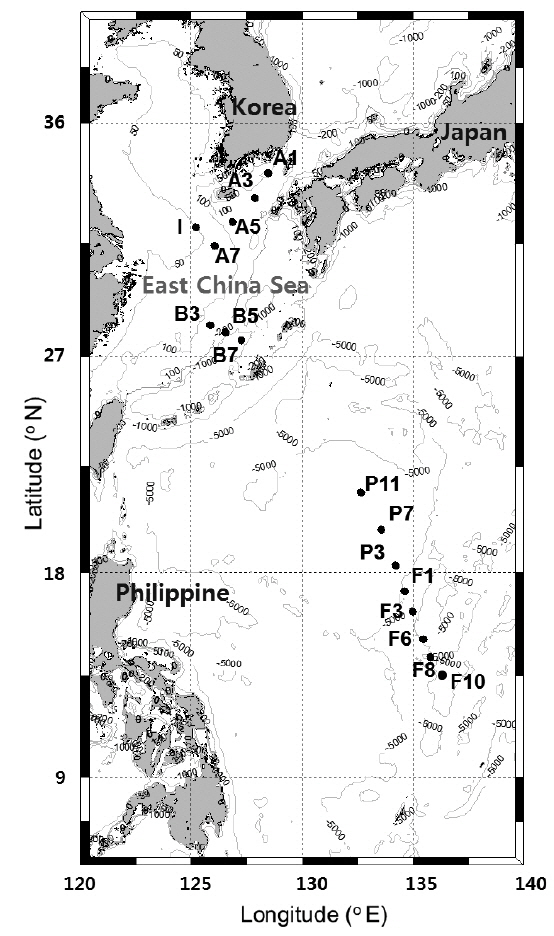 Sampling stations in the NW Pacific Ocean. Grey contour lines represent water depths.