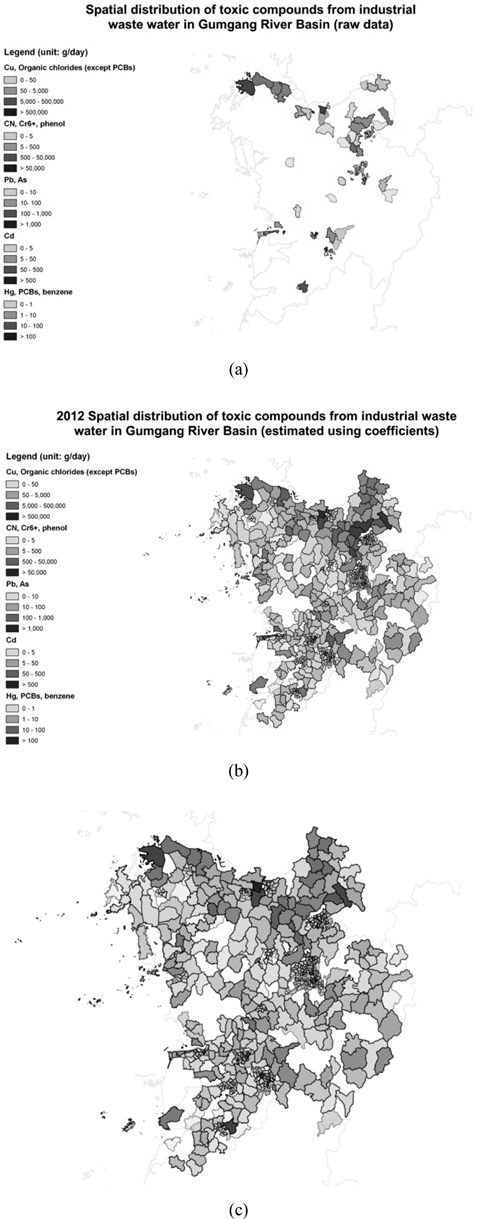 Distribution of the prioritized toxic water pollutants in the Geum-River basin, 2012: (a) statistical result from the 2012 nationwide pollution source survey (overlaid with 11 layers of 50% transparency), (b) estimated distribution with the pollutant unit-load-based results (overlaid with 11 layers of 50% transparency), (c) map (a) over map (b) (overlaid with 22 layers of 50% transparency)