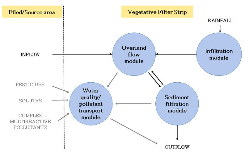 Schematic depicting of VFSMOD-w model (Munoz-Carpena and Parsons, 2014).