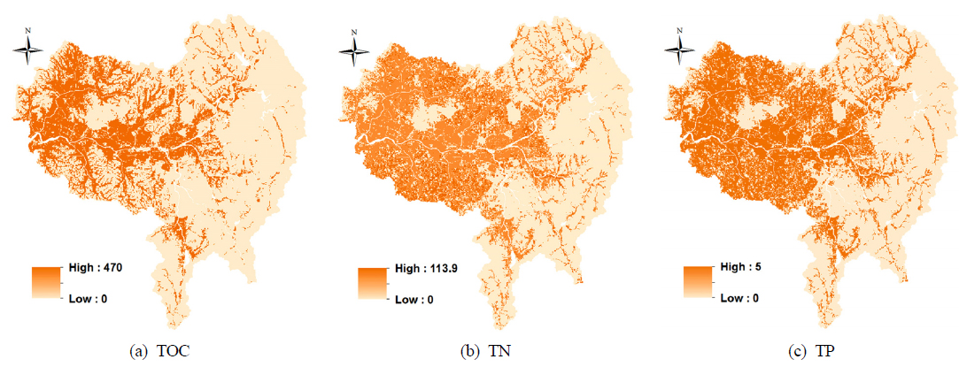 Spatial distribution of annual manure/fertilizer application rates across the Mankyung River Watershed for 2010 (kg/ha/yr).