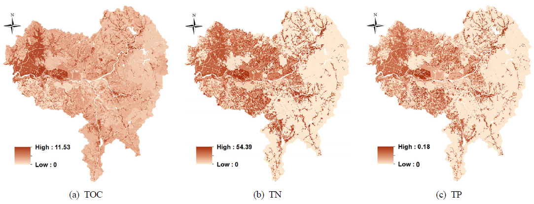 Spatial distribution of annual TOC, TN, TP discharges by interflow across the Mankyung River Watershed for 2010 (kg/ha/yr).