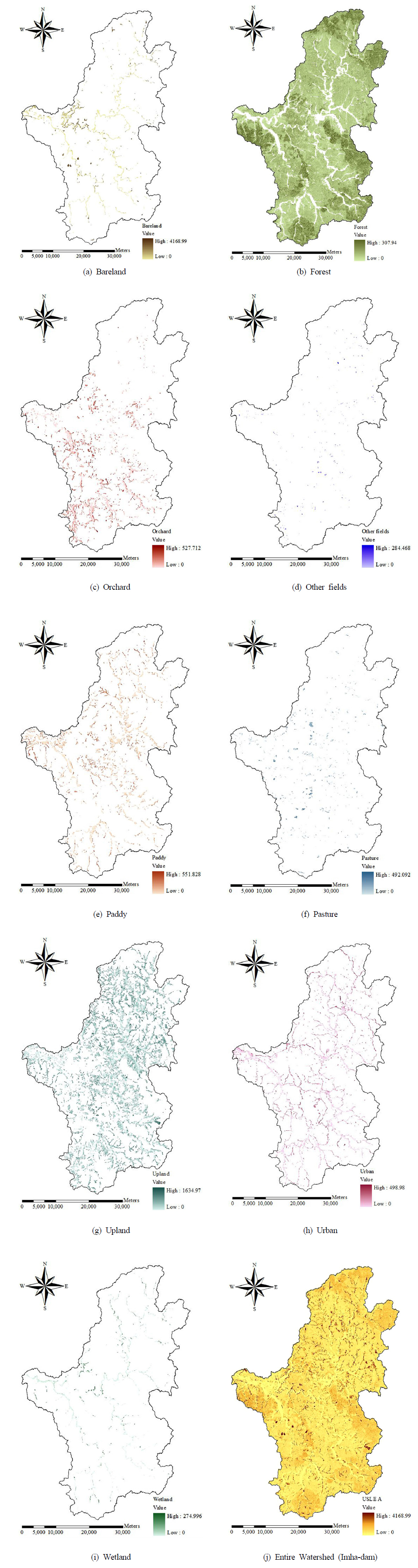 Spatial distribution of the estimated soil erosion by land uses (ton/ha/year).