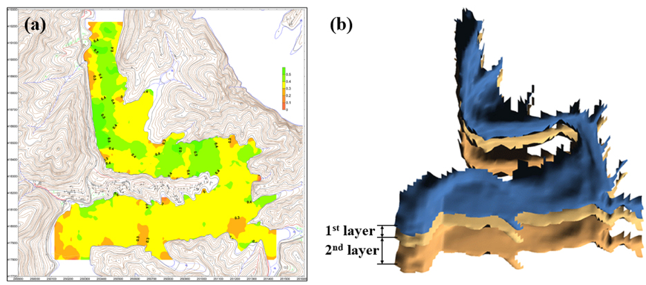 Distribution of sediment at the Chusori area (a) and three dimensional model of sediment (b).