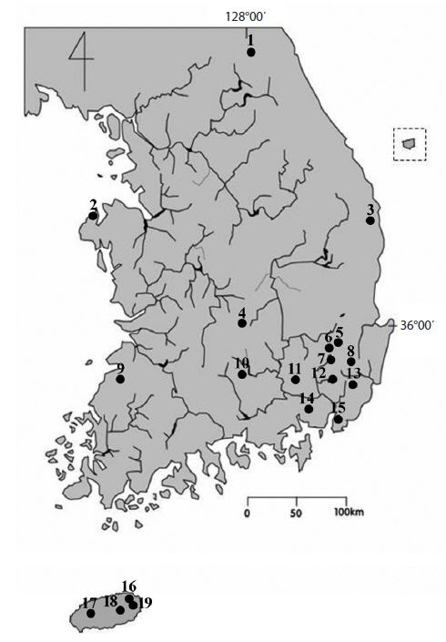 Location of sampling sites in the territory of Korea. Numbers on the map represent as follow: 1, Yongneup; 2, Du-ung wet-lands; 3, Bakdal wet-lands; 4, Dogok weir; 5, Guryong reservoir; 6, Namsan reservoir; 7, Imdang weir; 8, Okbang wetlands; 9, Ungok wet-lands; 10, Motje; 11, Jangcheok reservoir; 12, Danjang stream; 13, Mujechineup; 14, Junam reservoir; 15, Samlak wet-lands; 16, Dongbaek-dongsan; 17, Sumenmulbangdi; 18, Mulyoungari; 19, Deokcheon pond. See detailed information of sampling sites in Table 1.