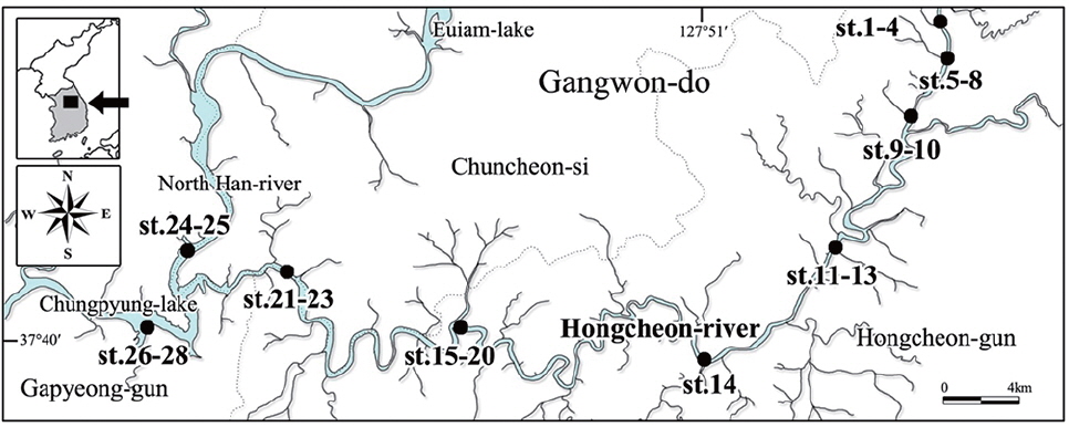 The map showing the 28 sampling sites of Hongcheon-river at Gangwon-do from December 2011 to September 2012. st. 1-4 indicates 4 stations numbered from 1 to 4 (i.e., st.1, st.2, st. 3, st. 4); this is applied to other st. numbers.