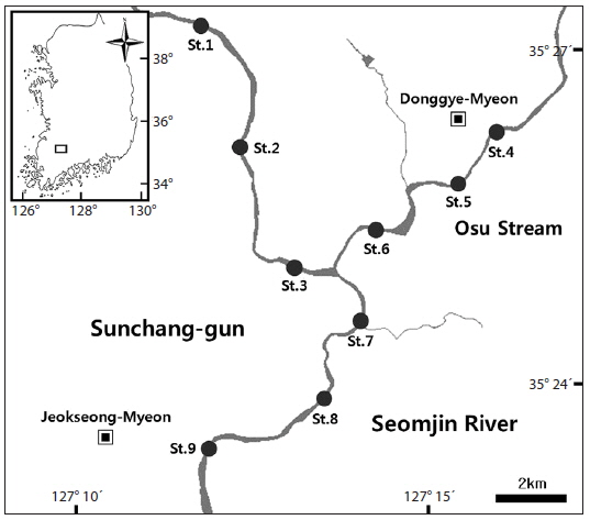 Map showing the sampling sites (from St. 1 to St. 9, marked as closed circles) in the upper system of the Seomjin River.