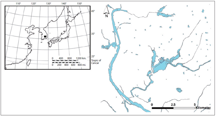 Map of the study sites. The study sites, located in southeastern South Korea, are indicated by solid squares (■). The map in the upper left corner shows the Korean Peninsula, and the map in the upper right corner shows the Upo Wetlands.