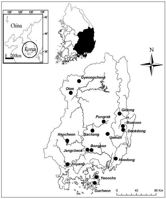 Location of fifteen manmade reservoirs. All of reservoirs were distributed in the south-eastern part of the Korean peninsula.