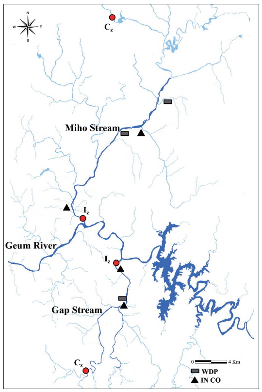 The sampling sites in the Gap Stream and Miho Stream. Cz, the control zone; Iz, impacted zone; WDP, wastewater disposal plants; IN CO, an industrial complex.