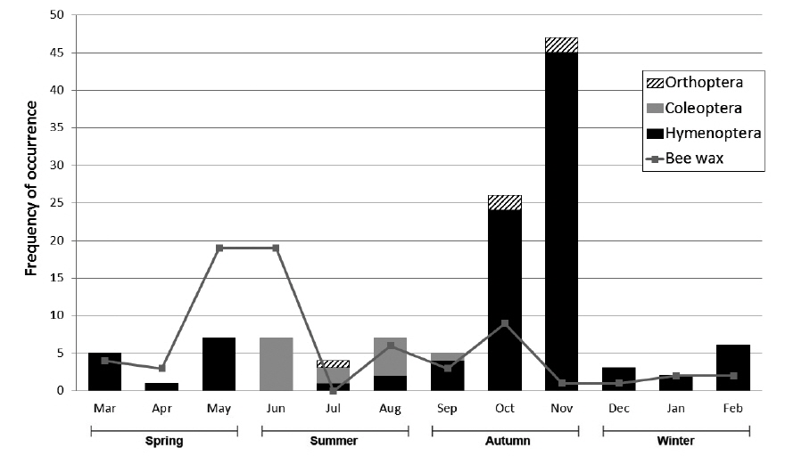 Monthly and seasonal changes in the composition of Martes flavigula insect diet.