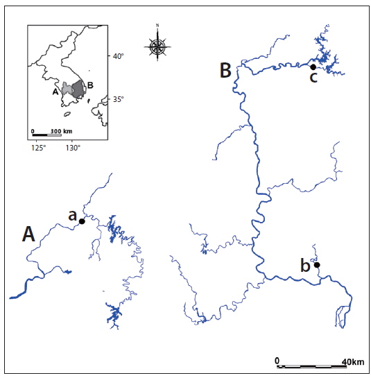 Map of the study area in South Korea. (a) The small map in the upper left corner indicates the Korean Peninsula, (b) The Geum River is located in the southeastern part of South Korea, and (c) the Nakdong River located in the southeastern part of South Korea. The sampling points are indicated by solid circles (●).