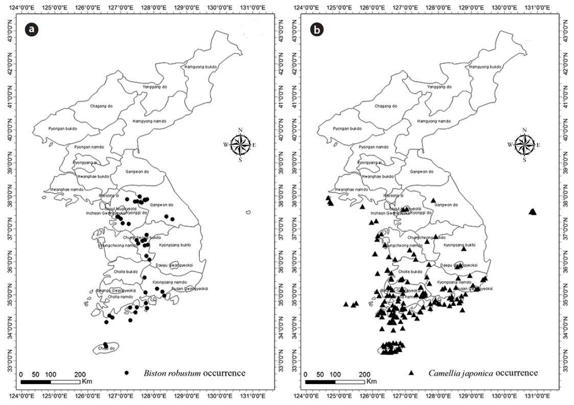 Recorded locations for Biston robustum (a) and Camellia japonica (b).