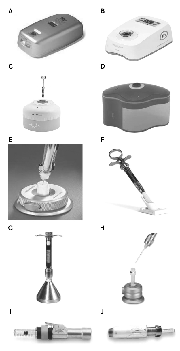 Safety and precautionary devices to the dental needlestick. (A) Needle smelter, (B) medical needle safe disposer (YLC-1002N/YLC-1002M), (C) medical needle safe disposer (YLC-1004S), (D) dental needle remover, (E) captor deluxe needle handler, (F) standard needle capper, (G) Miramatic holder, (H) Miramatic holder plus, (I) INJEX, (J) comfort-in.