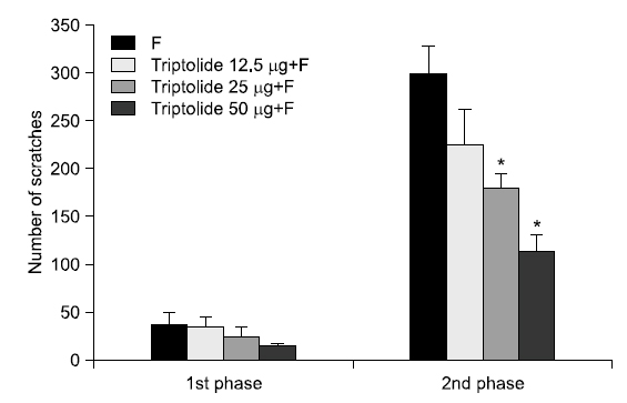 Peripheral effects of triptolide on nociceptive behavior. The nociceptive responses were reduced in 2nd phase (11~45 minutes), following administration of triptolid into rat’s vibrissa pad 10 min before formalin injection (n=6). *p<0.05, F vs. triptolide 25, 50 μg/50 μl+F. F: formalin.
