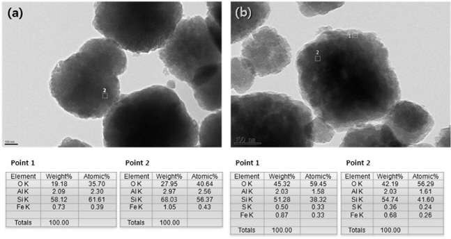 TEM/EDS images of Fe(1)/BEA: (a) before reaction, (b) after reaction.