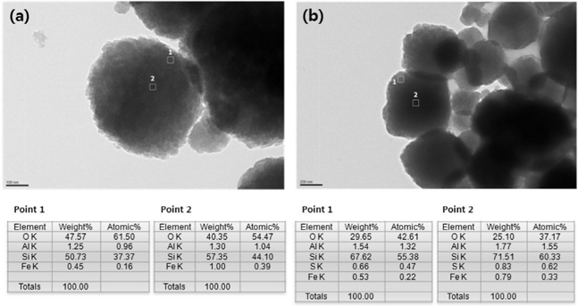 TEM/EDS images of Mn(0.05)Fe(1)/BEA: (a) before reaction, (b) after reaction.