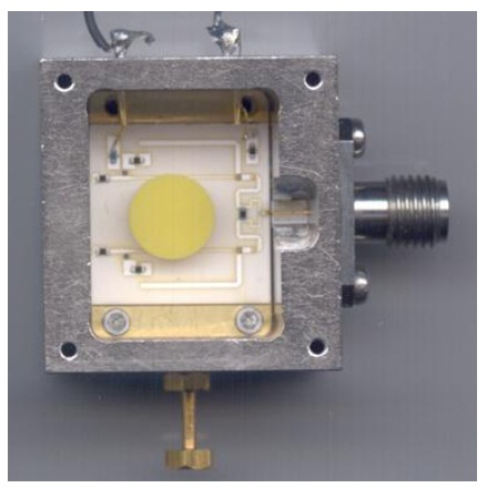 Photograph of the developed push-push voltage controlled dielectric resonator oscillator (VCDRO).