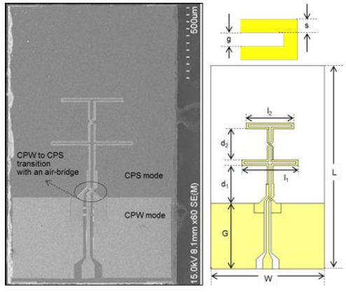 The configuration and the scanning electron microscope (SEM) photograph of the developed log-periodic antenna as a single-element antenna. CPW: coplanar waveguide, CPS: coplanar stripline.
