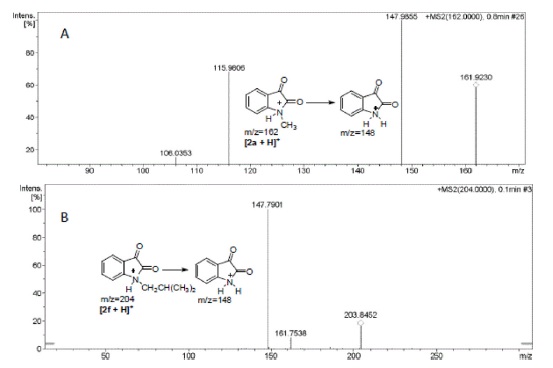 MS2 Fragmentation behavior of substituted N-alkyl isatin (2a and 2f): A) N-methyl isatin (2a); B) N-iso-butyl isatin (2f).