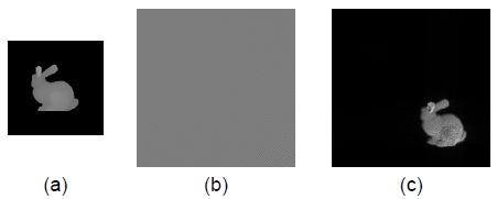그림 1. 홀로그램의 프레넬 변환 (a) 객체 영상, (b)홀로그램, (c) 프레넬 변환 영상