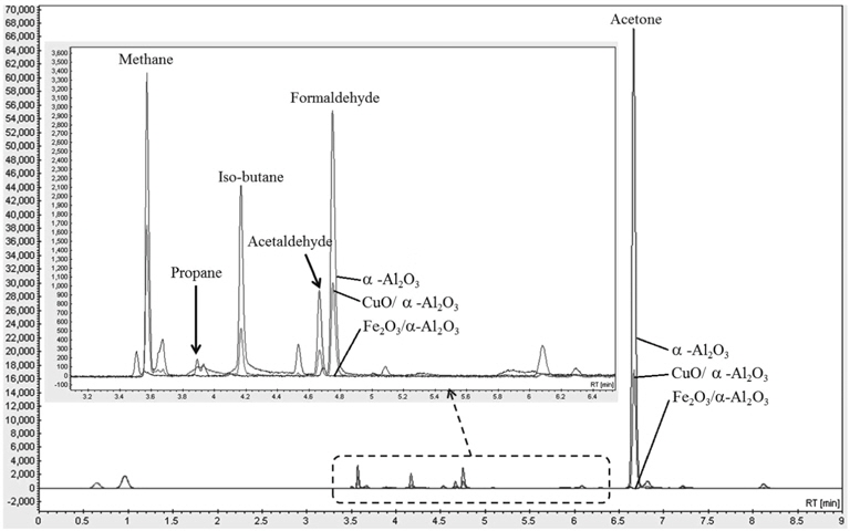 Gas chromatograms of the effluents for different catalysts (discharge power: 47 W).