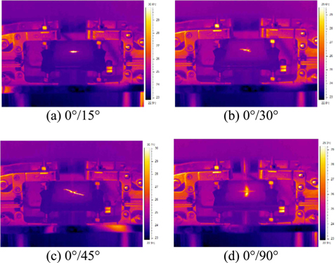 Infrared thermograph images of specimens with asymmetric laminated angles from the drop-weight impact tests.