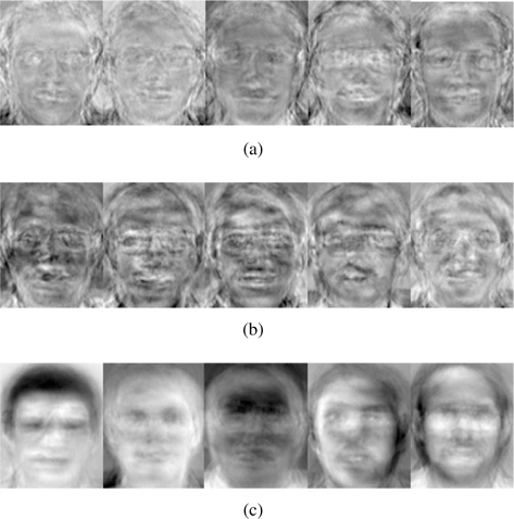 (a) Photon-counting linear discriminant analysis face, (b) Fisherface, (c) Eigenface.